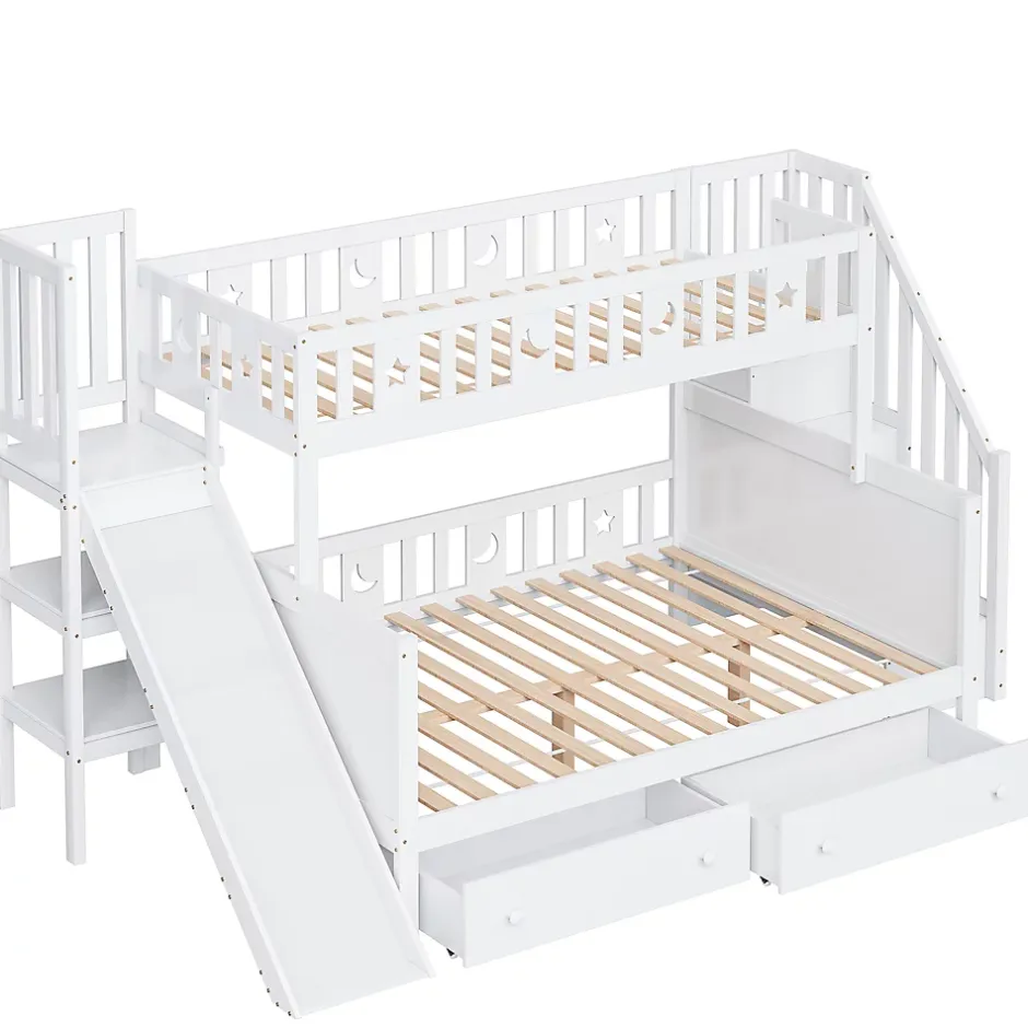 Redom Lit superposé 90x200/140x200 cm avec toboggan sécurisé, échelle de rangement et 2 tiroirs en bois blanc New