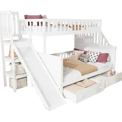 Redom Lit superposé 90x200/140x200 cm avec toboggan sécurisé, échelle de rangement et 2 tiroirs en bois blanc New