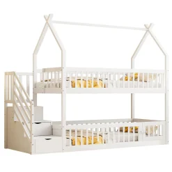 Enfant Redom Lit superpose enfant 90 par 200 cm bois massif avec toit echelle de securite tiroirs lit simple blanc rangement enfants