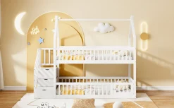 Enfant Redom Lit superpose enfant 90 par 200 cm bois massif avec toit echelle de securite tiroirs lit simple blanc rangement enfants