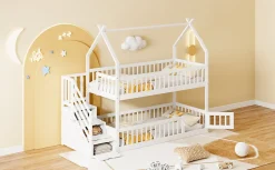 Enfant Redom Lit superpose enfant 90 par 200 cm bois massif avec toit echelle de securite tiroirs lit simple blanc rangement enfants