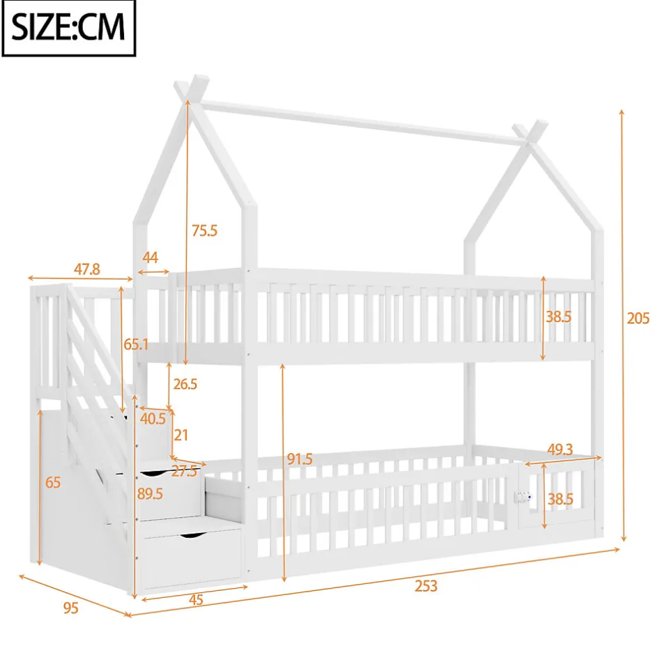 Enfant Redom Lit superpose enfant 90 par 200 cm bois massif avec toit echelle de securite tiroirs lit simple blanc rangement enfants