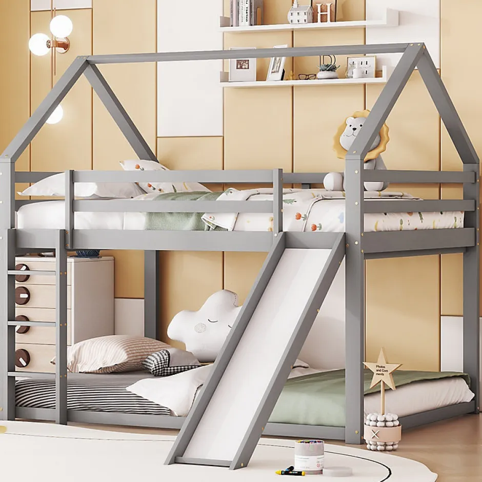 Enfant Aapaas Lit superpose enfant 140x200 cm gris avec toboggan echelle et design cabane pour chambre enfant