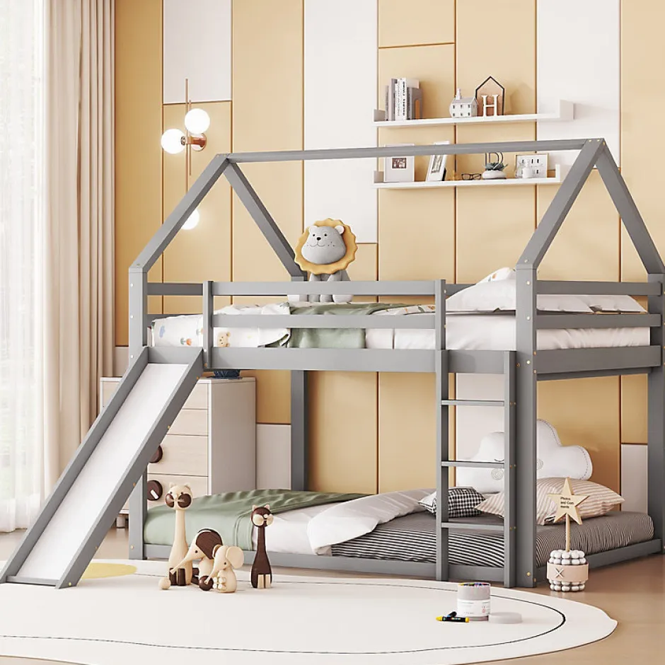 Enfant Aapaas Lit superpose enfant 140x200 cm gris avec toboggan echelle et design cabane pour chambre enfant