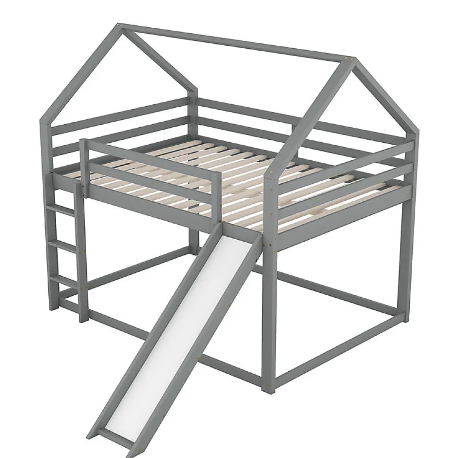 Enfant Aapaas Lit superpose enfant 140x200 cm gris avec toboggan echelle et design cabane pour chambre enfant