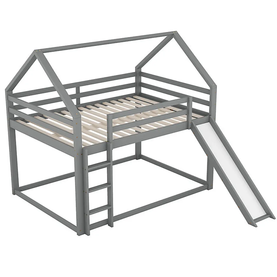 Enfant Aapaas Lit superpose enfant 140x200 cm gris avec toboggan echelle et design cabane pour chambre enfant
