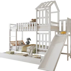 Enfant Redom Lit superpose enfant 90x200 grand tiroir roulettes toboggan toit fenetres decoratifs pin MDF contreplaque blanc