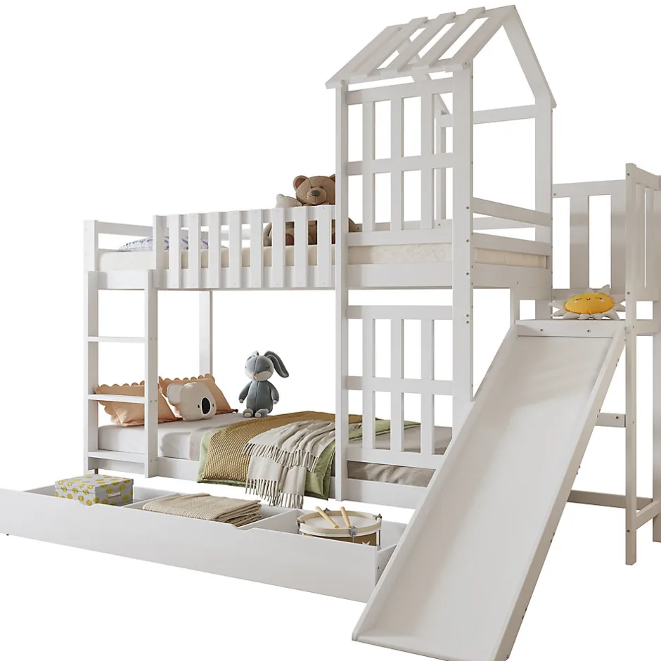 Enfant Redom Lit superpose enfant 90x200 grand tiroir roulettes toboggan toit fenetres decoratifs pin MDF contreplaque blanc