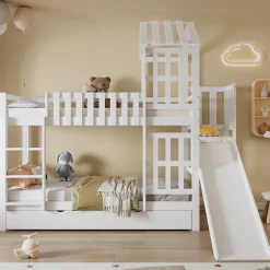 Enfant Redom Lit superpose enfant 90x200 grand tiroir roulettes toboggan toit fenetres decoratifs pin MDF contreplaque blanc