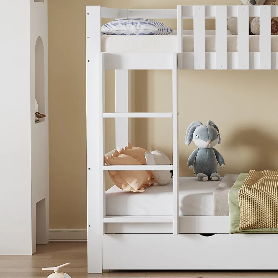 Enfant Redom Lit superpose enfant 90x200 grand tiroir roulettes toboggan toit fenetres decoratifs pin MDF contreplaque blanc