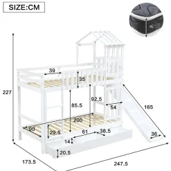 Enfant Redom Lit superpose enfant 90x200 grand tiroir roulettes toboggan toit fenetres decoratifs pin MDF contreplaque blanc