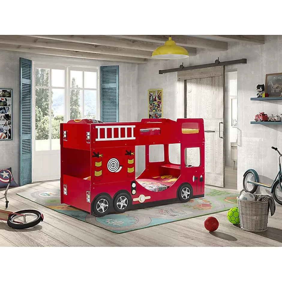 Petits-Meubles Lit superpose 90x200 Camion de pompier sommier inclus Vipack Car Beds - Rouge Sale
