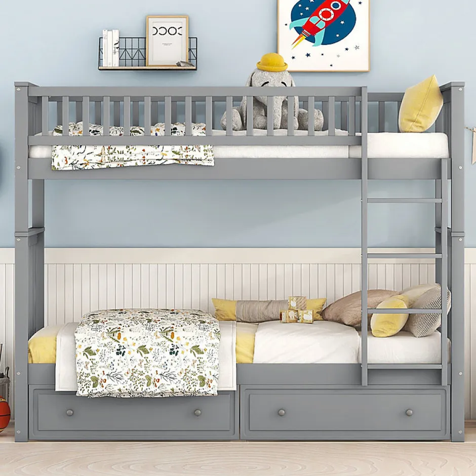 Aapaas Lit superpose 90x200 cm gris avec tiroirs et lits convertibles pour chambre enfant New