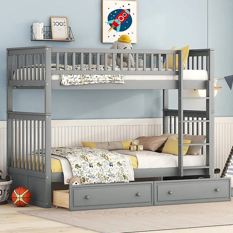 Aapaas Lit superpose 90x200 cm gris avec tiroirs et lits convertibles pour chambre enfant New