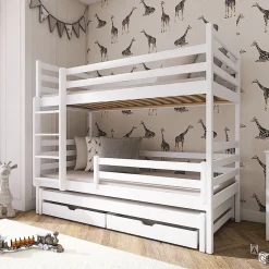 Enfant Petits-Meubles Lit superpose 90x200 sommier lit gigogne et tiroirs inclus Leo Blanc