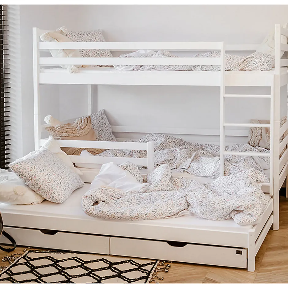 Enfant Petits-Meubles Lit superpose 90x200 sommier lit gigogne et tiroirs inclus Leo Blanc