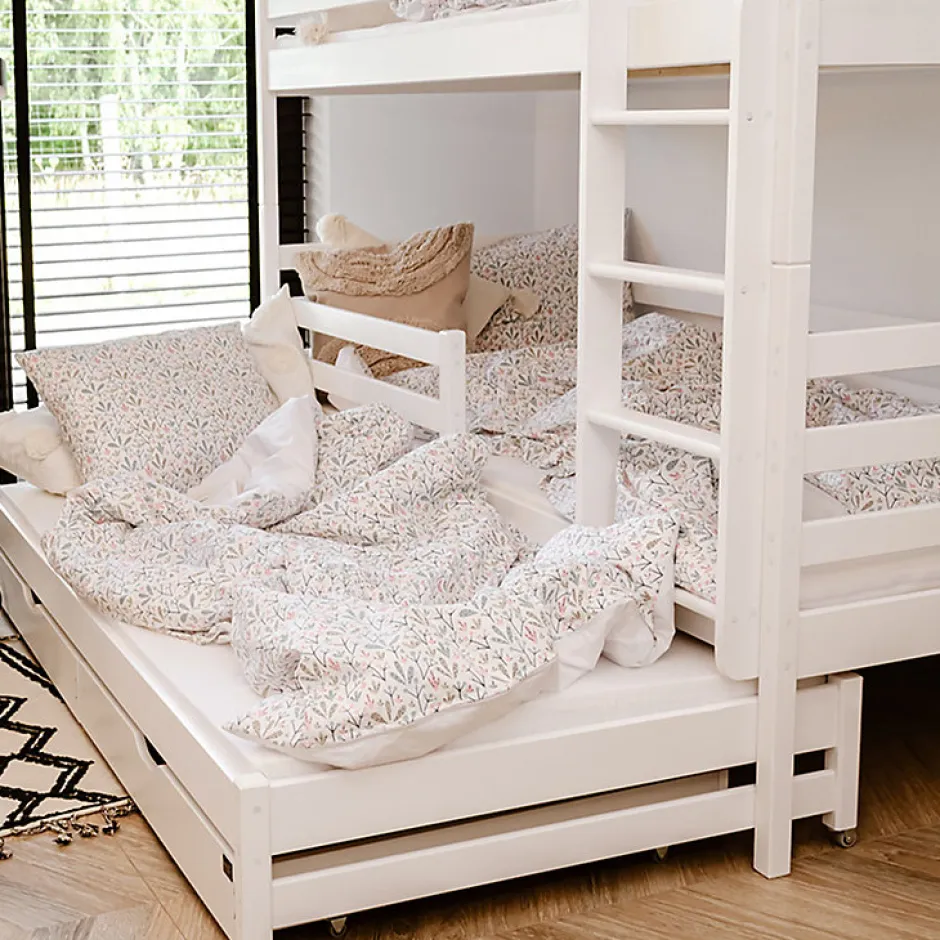 Enfant Petits-Meubles Lit superpose 90x200 sommier lit gigogne et tiroirs inclus Leo Blanc