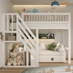 Enfant ProximaX Lit surélevé 90x200 cm bois massif blanc, escalier + armoire intégrée, lit simple pour enfants et ados