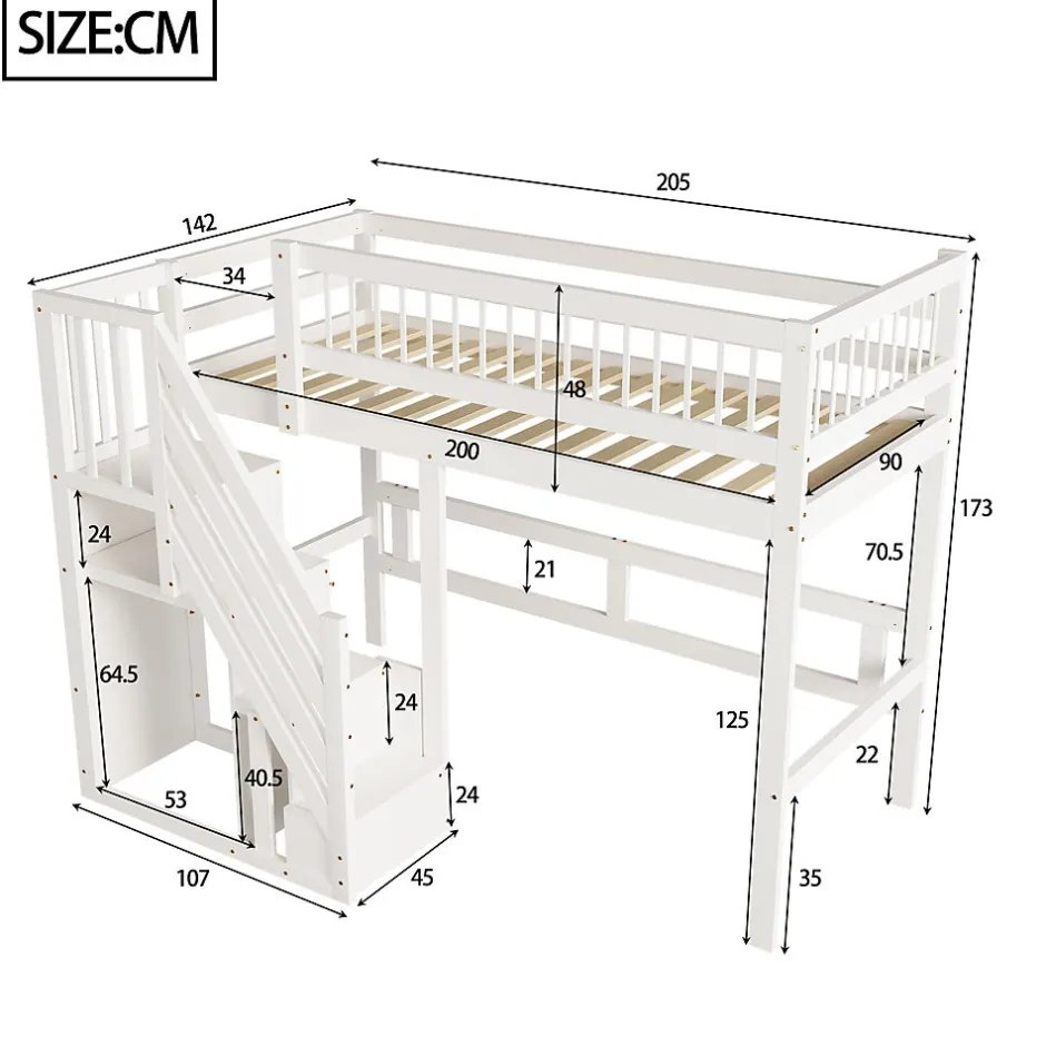 Enfant ProximaX Lit surélevé 90x200 cm bois massif blanc, escalier + armoire intégrée, lit simple pour enfants et ados