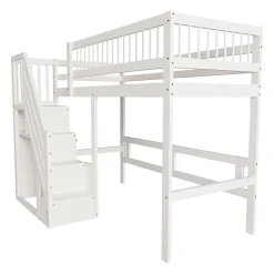 Enfant ProximaX Lit surélevé 90x200 cm bois massif blanc, escalier + armoire intégrée, lit simple pour enfants et ados