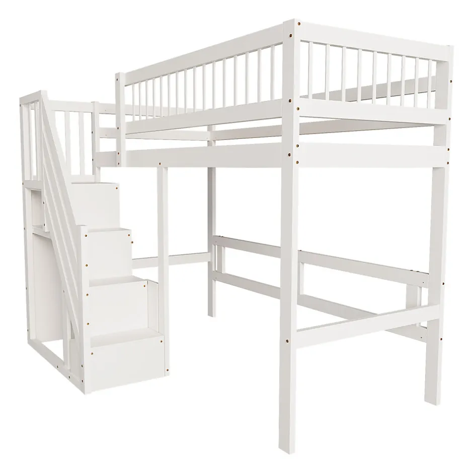 Enfant ProximaX Lit surélevé 90x200 cm bois massif blanc, escalier + armoire intégrée, lit simple pour enfants et ados