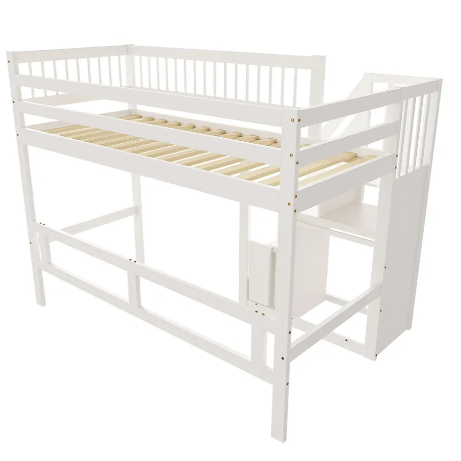Enfant ProximaX Lit surélevé 90x200 cm bois massif blanc, escalier + armoire intégrée, lit simple pour enfants et ados
