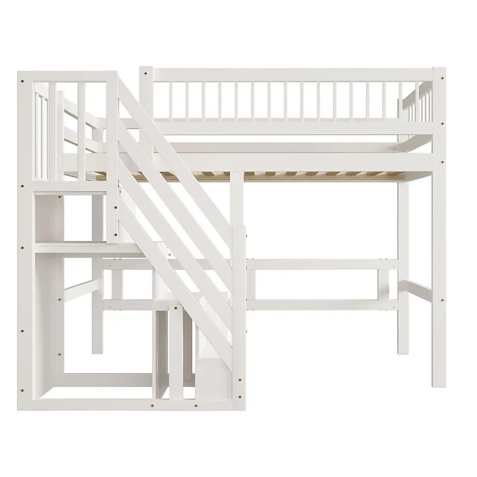 Enfant ProximaX Lit surélevé 90x200 cm bois massif blanc, escalier + armoire intégrée, lit simple pour enfants et ados