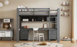 Fortuna lai Lit surélevé 90x200cm, avec bureau et grand rangement, Gris New