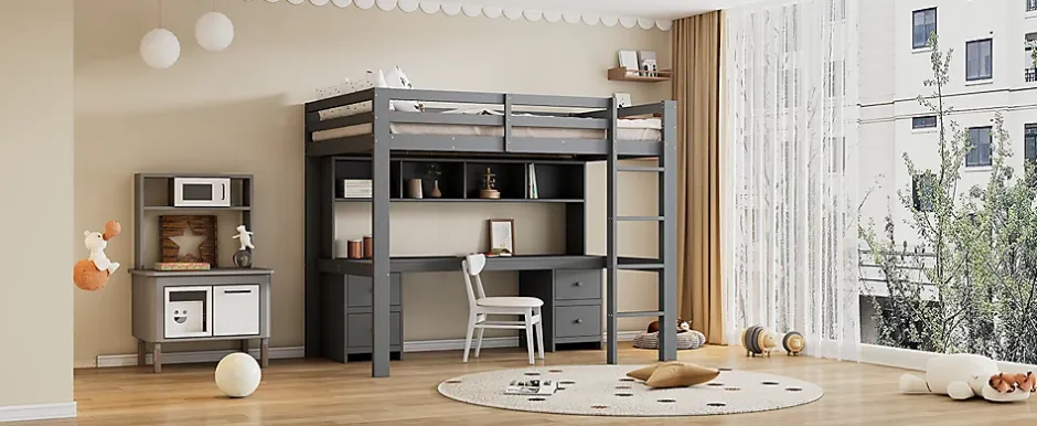 Fortuna lai Lit surélevé 90x200cm, avec bureau et grand rangement, Gris New
