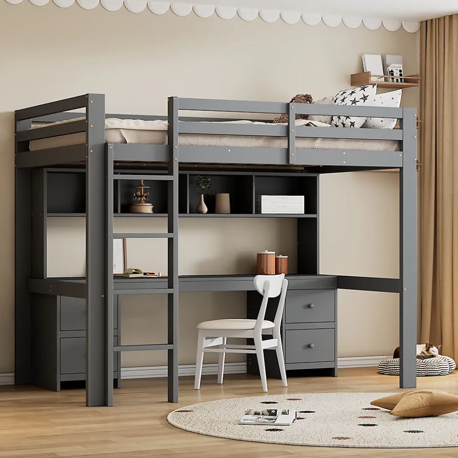 Fortuna lai Lit surélevé 90x200cm, avec bureau et grand rangement, Gris New