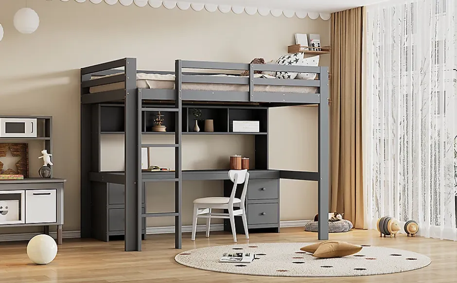 Fortuna lai Lit surélevé 90x200cm, avec bureau et grand rangement, Gris New