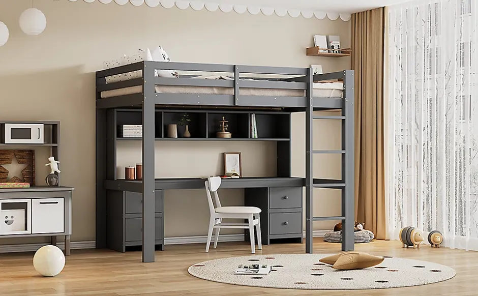 Fortuna lai Lit surélevé 90x200cm, avec bureau et grand rangement, Gris New