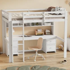 Enfant Fortuna lai Lit surélevé 90x200cm, avec bureau et grand rangement, Blanc