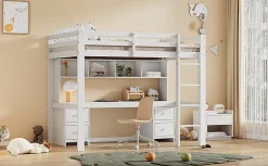 Enfant Fortuna lai Lit surélevé 90x200cm, avec bureau et grand rangement, Blanc
