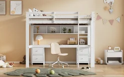 Enfant Fortuna lai Lit surélevé 90x200cm, avec bureau et grand rangement, Blanc