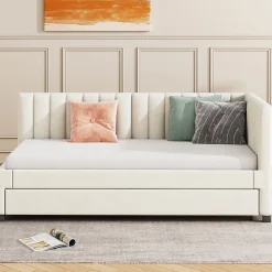 Redom Lit tapissé 90 par 200 cm canapé-lit extensible lit multifonction avec sommier lits invités tissu velours beige Hot