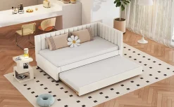 Redom Lit tapissé 90 par 200 cm canapé-lit extensible lit multifonction avec sommier lits invités tissu velours beige Hot