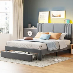 Redom Lit tapissé 140 par 200 cm lit double LED USB dossier tiroir velours gris adultes et adolescents