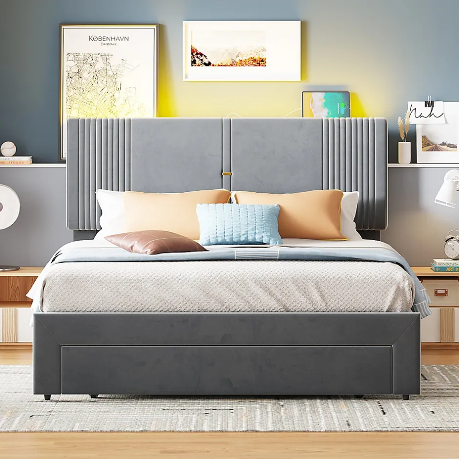 Redom Lit tapissé 140 par 200 cm lit double LED USB dossier tiroir velours gris adultes et adolescents
