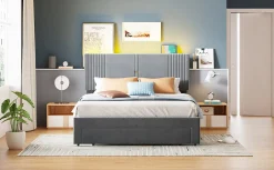 Redom Lit tapissé 140 par 200 cm lit double LED USB dossier tiroir velours gris adultes et adolescents