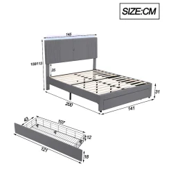 Redom Lit tapissé 140 par 200 cm lit double LED USB dossier tiroir velours gris adultes et adolescents