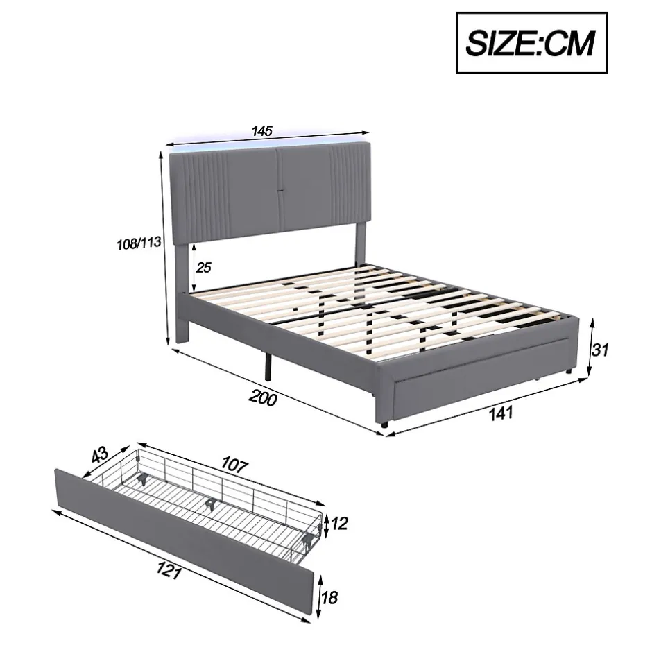 Redom Lit tapissé 140 par 200 cm lit double LED USB dossier tiroir velours gris adultes et adolescents
