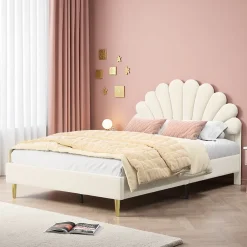 ProximaX Lit tapissé de velours, 140x200 cm, lit double, lit en forme de pétale, pieds en fer doré, sommier en bois, beige