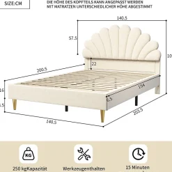 ProximaX Lit tapissé de velours, 140x200 cm, lit double, lit en forme de pétale, pieds en fer doré, sommier en bois, beige