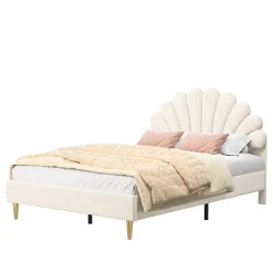 ProximaX Lit tapissé de velours, 140x200 cm, lit double, lit en forme de pétale, pieds en fer doré, sommier en bois, beige
