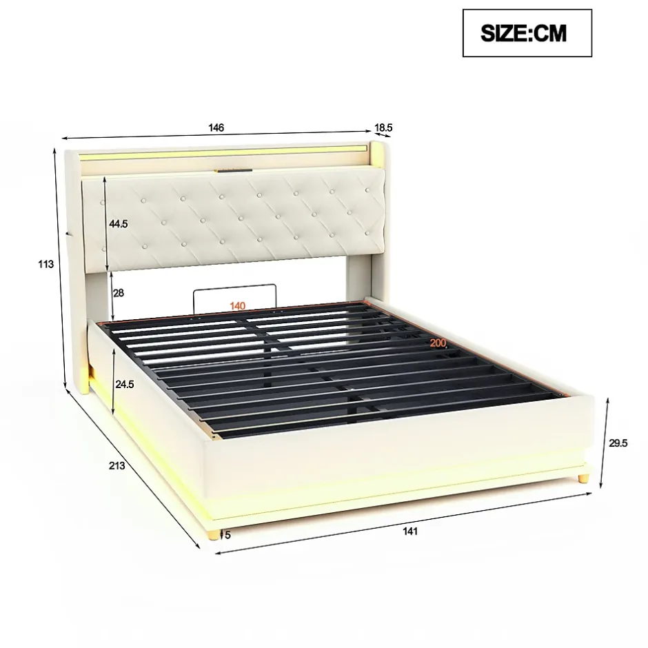 Redom Lit tapissé LED 140 par 200 cm USB rangement hydraulique tissu lin beige adultes et adolescents