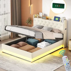 Redom Lit tapissé LED 140 par 200 cm USB rangement hydraulique tissu lin beige adultes et adolescents