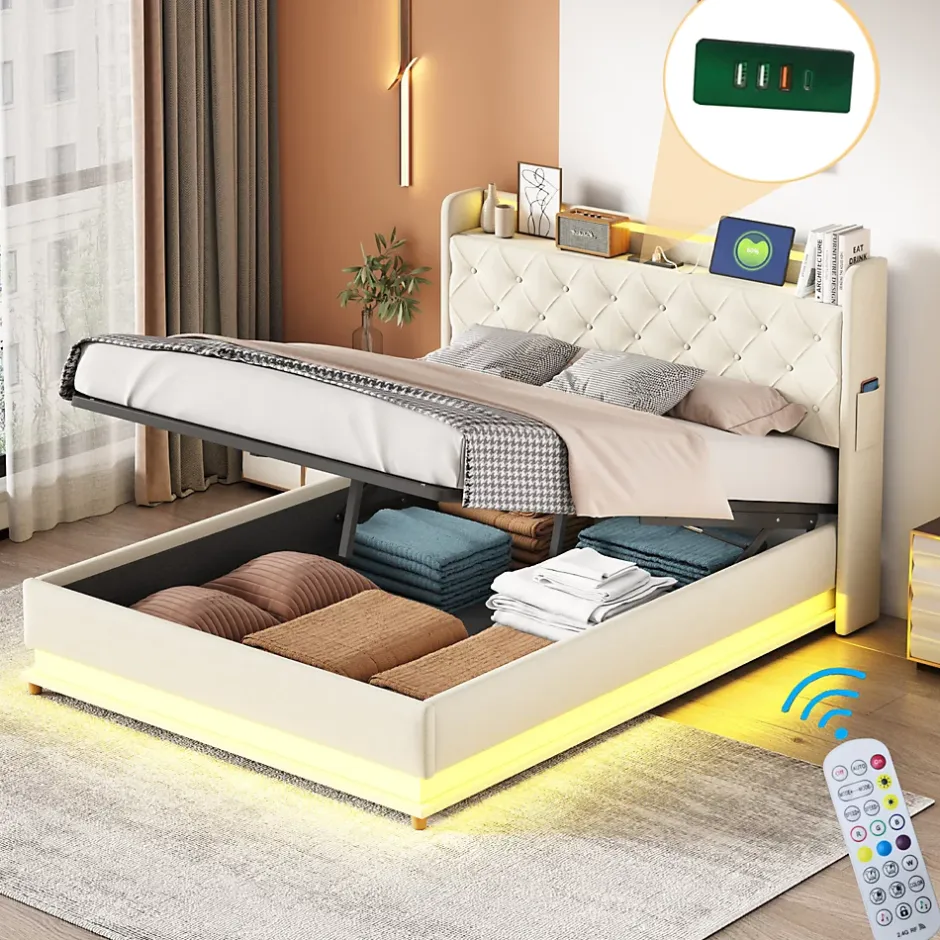 Redom Lit tapissé LED 140 par 200 cm USB rangement hydraulique tissu lin beige adultes et adolescents