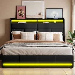 ProximaX Lit tapissé 160x200 cm en PU noir avec LED, ports USB, sommier hydraulique et grand espace de rangement