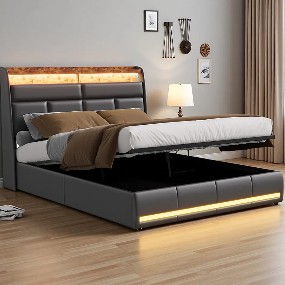 ProximaX Lit tapissé 160x200 cm en PU noir avec LED, ports USB, sommier hydraulique et grand espace de rangement